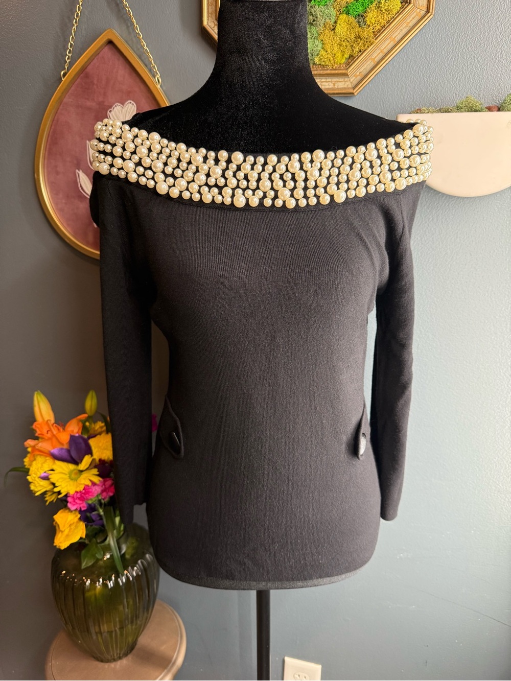 Black Off-Shoulder Pearl-Trim Knit Top